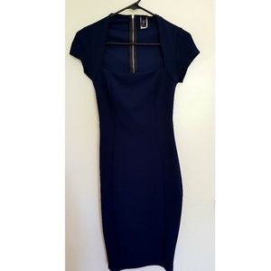 Square Neck Line Knee Length Navy Blue Dress